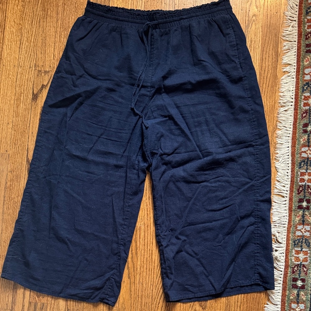 Navy Wide-Leg cropped linen Drawstring Pants